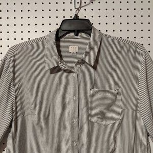 Long Sleeve Button Front Blouse Blue & White